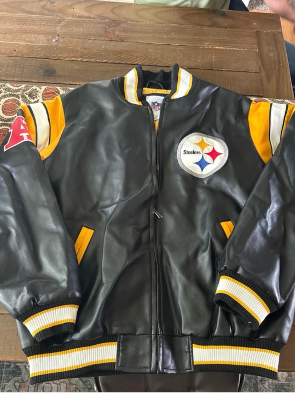 NFL Black and Gold Steelers Leather-Style Bomber Jacket